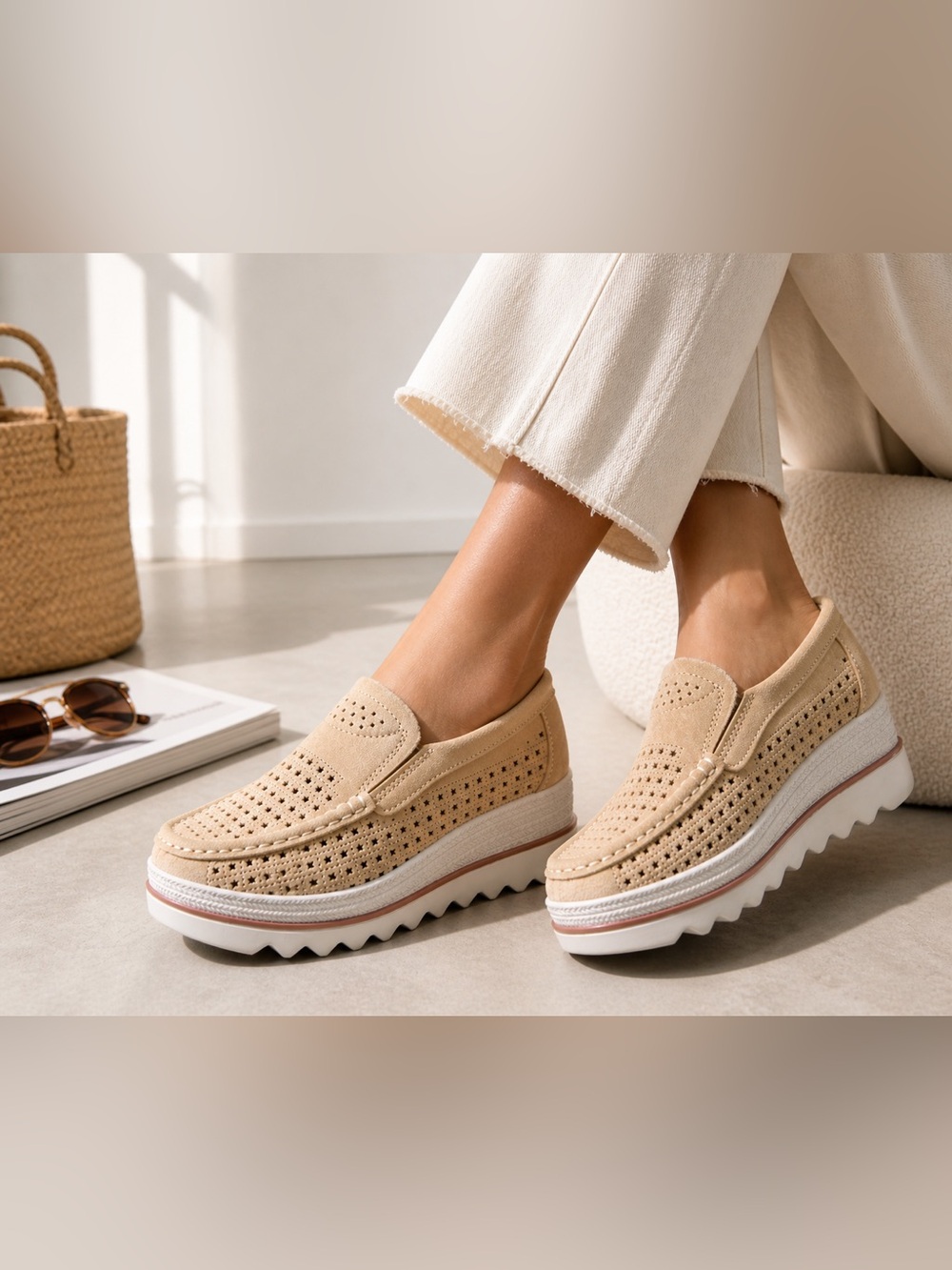 Trendy boutique Beige Perforated Platform Slip-On Loafers sz 9 - Picture 2 of 8